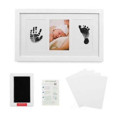 Green Pollywog Baby Handprint and Footprint Picture Frame Kit | baby handprint and footprint kit, inkless clean touch pad, three 4x6 slots, museum-grade white wood frame