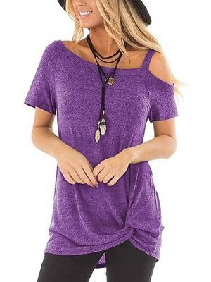 Women's Cold Shoulder T Shirt Casual Short Sleeve Blouse Knot Twist Front Tunic Tops