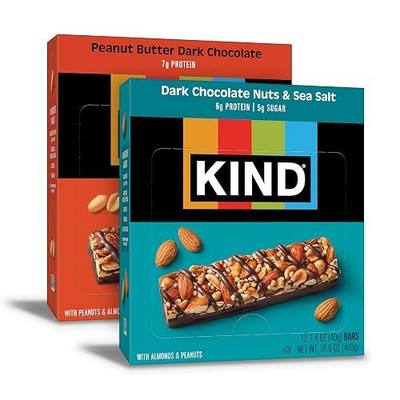KIND Healthy Snacks Bars Variety Pack, Gluten Free, Dark Chocolate Nuts & Sea Salt, Peanut Butter Dark Chocolate, 6-7g Protein, 24 Count | A delightfully crunchy mid-morning pick-me-up or on-the-go snack. These nutrient-dense nut bars are gluten free.