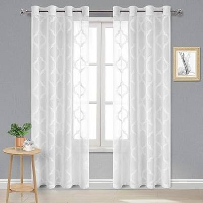 DWCN Moroccan Embroidered Sheer Curtains - Faux Linen Grommet Top Semi Voile Bedroom and Living Curtains, Set of 2 Window Curtain Panels, 52 x 95 Inches Long, Off White
