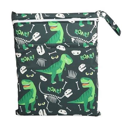 Wet Bag Baby Cloth Diaper Nappy Bag Reusable With Two Zippered Pockets Boys (Green Dinosaur)