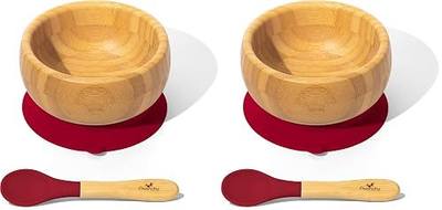 Avanchy Bamboo Baby Bowl with Spoon and Removable Silicone Suction Base – Non-Toxic, BPA-Free Feeding Bowl for Babies and Toddlers – Natural Bamboo Suction Bowl, Magenta (Pack of 2)