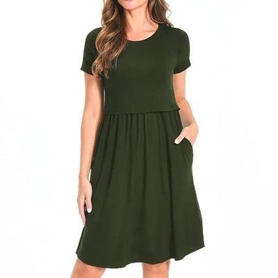Bearsland Women's Short Sleeves Maternity Dress Nursing Breastfeeding Dresses with Pockets