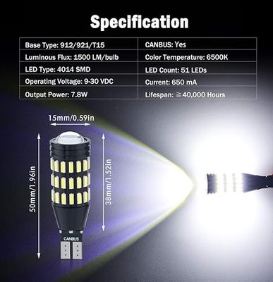1500 Lumens Extremely Bright Canbus Error Free 921 912 906 904 T15 W16W LED Bulbs 51-SMD 4014 LED Chipsets with Projector for Backup Reverse Lights, 6500K Xenon White (Pack of 2)