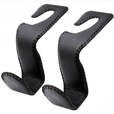 EldHus Headrest Hooks for Purses and Bags, 2 Pack Car Seat Hooks for Grocery Bag Handbag, Metal Car Purse Holder Covered by Leather, Black