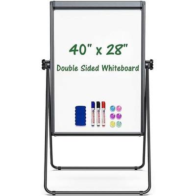 Easel Whiteboard with Stand 40" x 28" Aluminum Frame (Black) | Magnetic Dry Erase Board, Double Sided Height Adjustable Flip Chart Easel with Hooks for Teaching, Presentation Meeting, Home