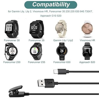 USB-A/C Charger for Garmin Lily 2 | Forerunner 35 230 235 630 645 735XT | Vivomove HR | Approach G10 S20 | Charging Cable Clip Cord for Garmin Watches (2Pack, 3.3ft/1m)