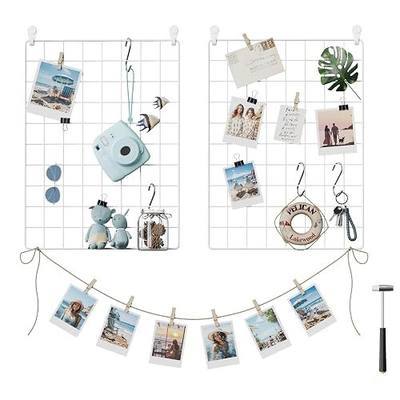 SONGMICS Wall Grid for Photo, Metal Wall Grid Panel, DIY Wire Photo Hanging Display, Set of 2, with S Hook, Clip, Hemp Cord, 16.5 x 12.2 Inches, White ULPP01W