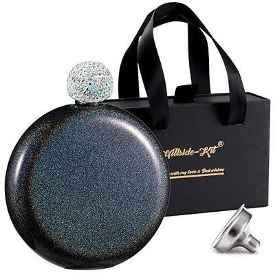 Hillside-Kit Booze Shot Flask- AB Crystal Lid Creative 304 Stainless Steel Wine Alcohol Liquor Flask for Women Girls Men Party Hand size Flask-5OZ