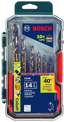 BOSCH CO14B 14-Piece Cobalt Drill Bit Set with Included Case - M42 Metal Drill Bits with Three-Flat Shank for Drilling Applications in Stainless Steel, Cast Iron, Titanium, and Light-Gauge Metal