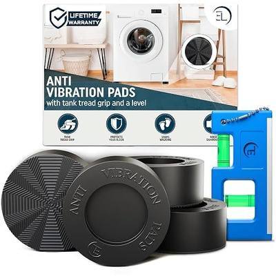 Anti Vibration Pads for Washing Machine with Tank Tread Grip - 4 Pack + Level - Fits Most Round Feet up to 1.75” - Stops Washer Dryer from Moving - Rubber Antivibration Stabilizer for Leveling Washer