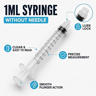 1ml Syringe Without Needle Luer Lock 100 Pack by Tilcare - Sterile Plastic Medicine Droppers for Children, Pets or Adults – Latex-Free Oral Medication Dispenser - Syringes for Glue and Epoxy