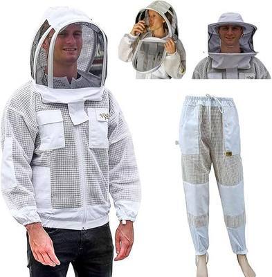 Beekeeping Suit Jacket, Pants/Trousers with 2 Veils Fencing Hood & Round Brim Hat, Ventilated 3 Layer Mesh Costume
