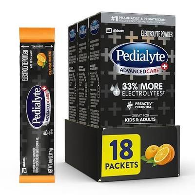 Pedialyte AdvancedCare Plus Electrolyte Powder, Has 33% More Electrolytes and PreActiv Prebiotics, Orange Breeze, 18 Powder Packets