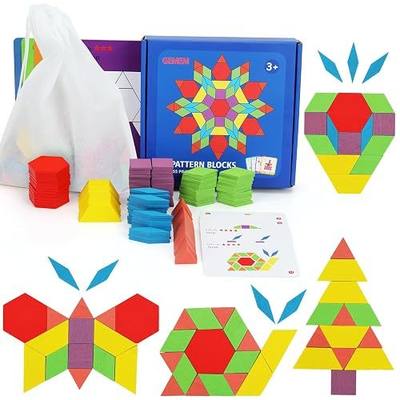 155 Pcs Wooden Pattern Blocks Set Geometric Shape Puzzle | kindergarten Classic Educational Montessori Tangram Toys for Kids Ages 4-8 with 24 Pcs Design Cards