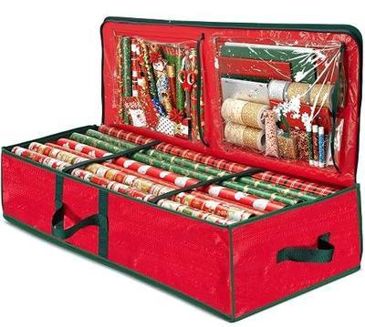 ZOBER Gift Wrapping Paper Organizer Storage - 40" Gift Wrap Storage Containers With Interior Pockets For Bows, Tags & Ribbons - Wrapping Paper Holder, Waterproof, Fits 24 Standard Rolls, Red
