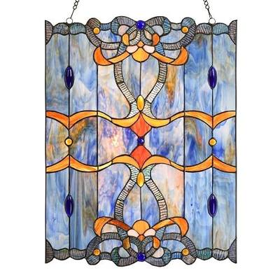 Bieye W10042 Baroque Tiffany Style Stained Glass Window Panel with Chain, Blue, 17" W x 22" H