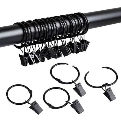 SPLF 36 Pack Metal Openable Curtain Rings with Clips, 1.22 Inch Interior Diameter, Fits up to 1 Inch Rod, Heavy Duty Rustproof Vintage Decorative Drapery Eyelet Curtain Rods Hangers Rings, Black