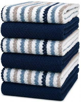 Premium Kitchen Towels (16”x 26”, 6 Pack) | Large Cotton Kitchen Hand Towels | Popcorn Striped Design | Dish Towels | 430 GSM Highly Absorbent Tea Towels Set with Hanging Loop | Blue