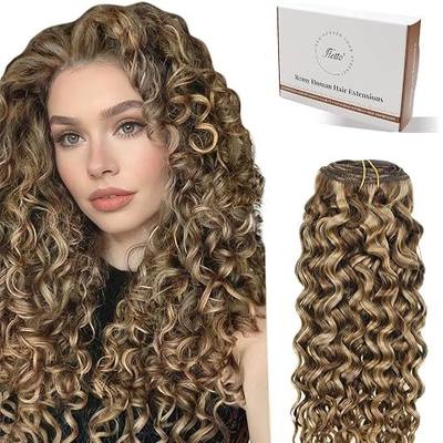 Hetto Curly Clip in Human Hair Extensions Brown Blonde 16Inch 120g 7pcs NW | 3b - 3c Natural Wave Curly, Full Head Remy Real Hair, Hightlight Medium Brown Blonde, Invisible Natural Look for Women