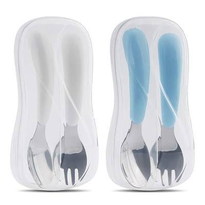 Kirecoo 2 Set Stainless Steel Toddler Utensils with Travel Case | White & Aqua, Forks & Spoons Set, BPA Free, Self Feeding Design, Portable for Travel, Safe for Kids & Toddlers