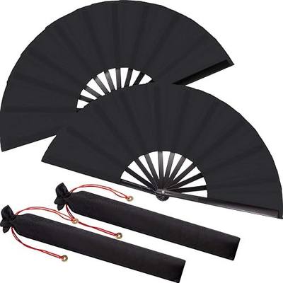 Maitys 2 Packs Large Folding Hand Fans 13'' Chinese Handheld Fan Large Clap Fans for Line Dancing, Tai Chi, Festival, Kung Fu, Martial Art, Gift, Includes 2 Pouch (Black)