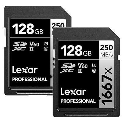 Lexar 128GB (2-Pack) Professional 1667x SD Card, UHS-II, C10, U3, V60, Full HD, 4K, Up To 250MB/s Read SDXC Memory Card, for Professional Photographer, Videographer, Enthusiast (LSD128CBNA16672) | 128GB SDXC UHS-Ii Cards, V60/u3/class 10, Up to 250MB per S Read, Up to 120MB per S Write, 4K-Ready
