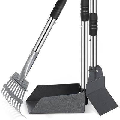 Dog Pooper Scooper, Dog Poop Tray and Rake Set with Long Stainless Handles | Pet Waste Removal Scoop with Adjustable Sectional Handles