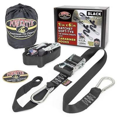 PowerTye 1.5 inch x 6.5ft Heavy Duty Ratchet Tie Down Straps with Carabiner Hooks, Soft-Tye & Storage Bag, for Motorcycle, ATV, Trailer & Cargo - 1,000 lb WLL - Made in USA - Black/Black Pair