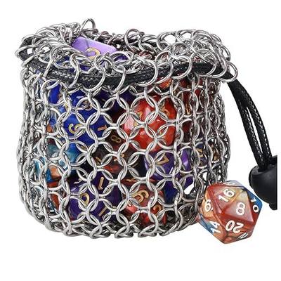 YOUSHARES Drawstring Game Dice Bag - Stainless Steel Chainmail DND Dice Pouch for Metal Polyhedral D&D Dice Set, Coin