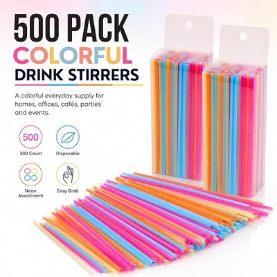 500 Pack 5.25” Colorful Neon Drink Stirrers/Straws – Plastic Coffee Stirrers, Beverage Stir Sticks for Coffee, Tea, Cocktails, Mixed Drinks, Bars, Cafes, Parties & Office Breakrooms