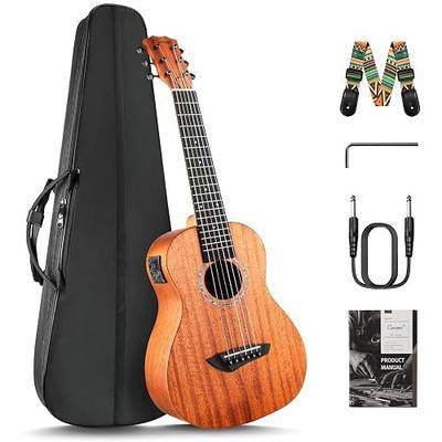 Caramel 30 inch All Solid Mahogany 6 String Electric Guitalele | Wooden LCD color display Small Hawaiian Beginner Guitar Starter Pack Bundle Gig bag, Strap,Strings Set