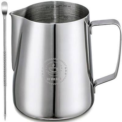12oz Milk Frothing Pitcher, Stainless Steel Espresso Steamer Frother Cup | 350ml metal jug includes professional latte art decorating pen; top barista accessories for perfect coffee cappuccino making