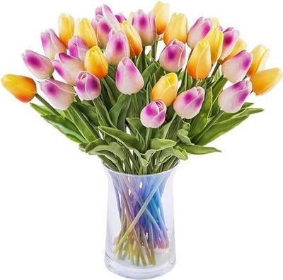 30pcs Artificial Tulips Flowers Real Touch Multicolored Tulips Fake Holland PU Tulip Bouquet Latex Flowers for Wedding Party Office Home Kitchen Decoration (Light Purple Orange)