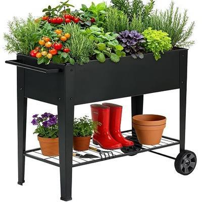 31.5" Tall Elevated Mobile Raised Garden Bed with Wheels and Shelf | Extra 15.7" Wide, 400 lbs. Rust-Resistant Steel Planter Cart with storage. Vegetables, Herbs & Flowers. Patio/Balcony