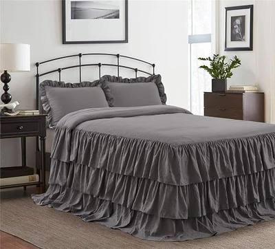 HIG 3 Piece Ruffle Skirt Bedspread Set King - Gray Color 30 inches Drop Ruffled Style Bed Skirt Coverlets Bedspreads Dust Ruffles - Echo Bedding Collections King Size - 1 Bedspread, 2 Standard Shams