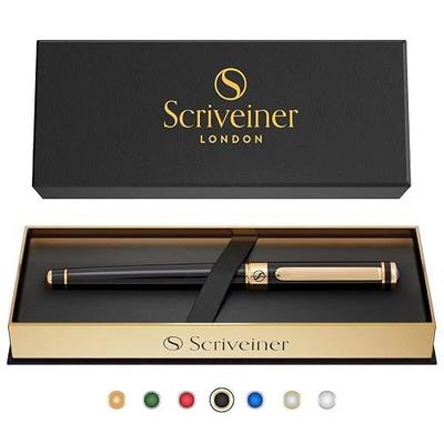 Scriveiner Black Lacquer Rollerball Pen - Stunning Luxury Pen, Real Gold Plating, Schmidt Ink Refill, Best Roller Ball Gift Set for Men & Women, Professional, Executive Office, Nice Pens