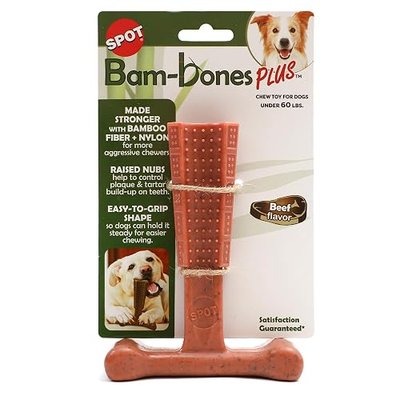 SPOT Bam-Bones Plus T Bone – Bamboo Fiber & Nylon Dog Chew Toy for Moderate to Aggressive Chewers, Durable Long Lasting & Non-Splintering, Beef Flavor Toy for Adult Dogs & Puppies Under 60 lbs, 6 in