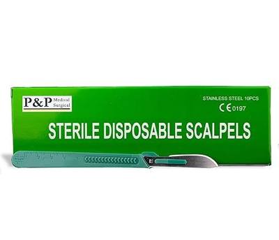 Disposable Scalpels Sterile Surgical Blade Size 22 Stainless Steel with Plastic Handle & Metric Line Individually Foil Wrapped by P&P MEDICAL SURGICAL Box of 10