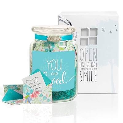 KindNotes Glass Keepsake Gift Jar with Positive Thoughts - Fresh Cut Floral You are Loved Design