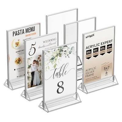 NIUBEE 5x7 Acrylic Sign Holder, Picture Frame, Wedding Table Numbers, 6pack | Clear Sign Holders Stand Display, Silver Borders, Picture Holders for Office, Restaurant, Front Desk, Vendor, Photos, Party