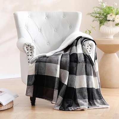 SOCHOW Buffalo Plaid Sherpa Throw Blanket, 50 x 60 inches, Black/White