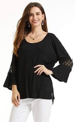 Women's Knit Lace Inset 3/4 Bell Sleeve Scoopneck Tunic/101BLACK/Tag Size 1X=XX-Large