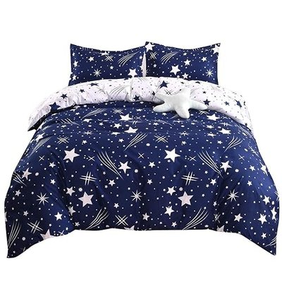YMY Lightweight Microfiber Bedding Duvet Cover Set, Cute Star Pattern (Blue White Star, Queen)
