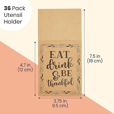 Sparkle and Bash 36-Pack Brown Kraft Paper Utensil Holder Pockets - 7.5 x 3.75 in - Silverware Organizer - Cutlery Holder for Parties, Weddings, Events
