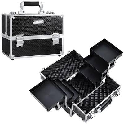 FRENESSA Makeup Train Case Makeup Case 11.8 Inch Large Cosmetic Box Organizer Travel Storage Professional Make Up Train Carrying Case with 6 Trays Locking Hard Vanity Storage Black