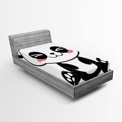Ambesonne Anime Fitted Sheet, Cartoon Smiling Panda Fun Animal Theme Japanese Manga Teen Art Print, Bed Cover with All-Round Elastic Deep Pocket for Comfort, Twin Size, Black White Grey