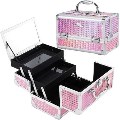 FRENESSA Makeup Train Case Makeup Box Organizer Portable Cosmetic Travel Case Makeup Case with Mirror Locking Make Up Cases Organizers and Storage for Nail Supplies Hard Cosmetic Box Shiny Pink