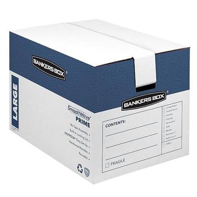 Bankers Box Large Prime Moving Box 6 Pack, Reinforced Handles, Tape-Free Assembly, Attached Lid, 18-in x 18-in x 24-in (0092901)