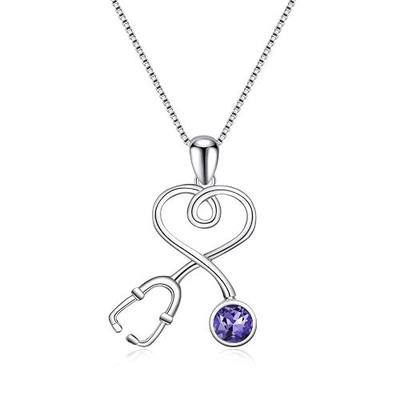 AOBOCO Stethoscope Necklace 925 Sterling Silver Embellished with 12 Months Birthstone Crystals from Austria, Graduation Gifts Medical Jewelry for Doctor Nurse Medical Student RN
